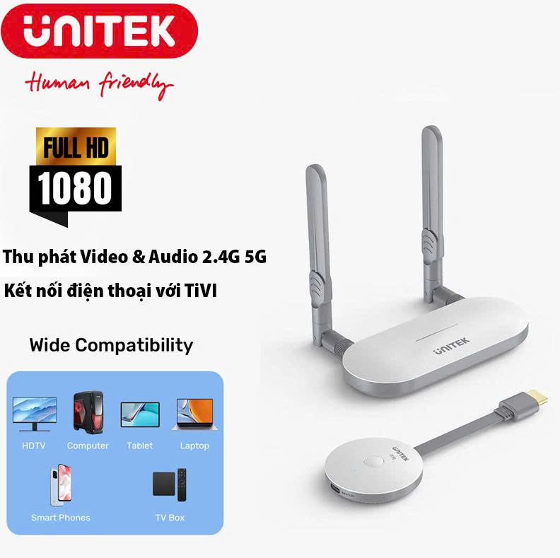 Bộ Thu & Phát HDMI Không Dây Unitek V1183A01, Tần số kép 2.4GHz & 5GHz, FullHD 1080P@60HZ